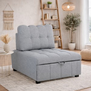 Vista ambientata Poltrona letto in tessuto grigio chiaro con cuscino modello Ready totò Piccinni