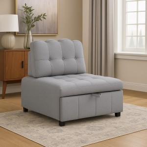 Vista ambientata Poltrona letto in tessuto grigio chiaro con cuscino modello Ready totò Piccinni