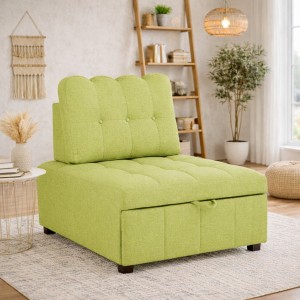 Vista ambientata Poltrona letto in tessuto verde  con cuscino modello Ready totò Piccinni