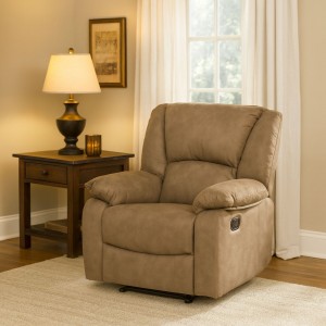 Vista ambientata Poltrona relax reclinabile colore "Nabuk Cammello" con poggiapiedi modello Calipso Totò Piccinni