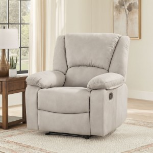 Vista ambientata Poltrona relax reclinabile colore "Nabuk Grigio Chiaro" con poggiapiedi modello Calipso Totò Piccinni