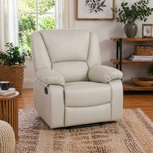 Vista ambientata  di una robusta poltrona imbottita relax con schienale e poggiapiedi reclinabili in similpelle scamosciata sabbia modello Calipso Totò Piccinni