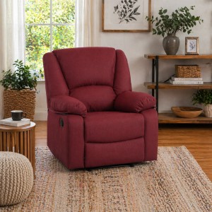 Vista ambientata di una robusta poltrona imbottita relax con schienale e poggiapiedi reclinabili in tessuto Bordeaux Calipso Totò Piccinni