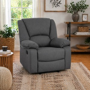 Vista ambientata di una robusta poltrona imbottita relax con schienale e poggiapiedi reclinabili in tessuto Grigio Chiaro Calipso Totò Piccinni