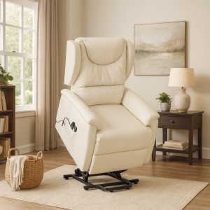 Vista ambientata Poltrona alza persona con due motori colore Ecopelle Panna massaggiante modello Sivglia Totò Piccinni