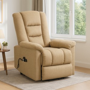 Vista ambientata Poltrona alza persone con due motori reclinabile e massaggiante colore Tessuto Beige modello Malaga Totò Piccinni