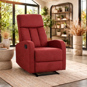 Vista ambientata Poltrona relax tessuto colore Bordeaux reclinabile manualmente modello Leon Totò Piccinni