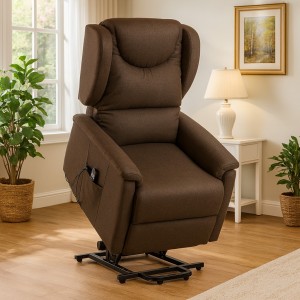 Vista ambientata Poltrona alza persona con due motori colore Tessuto Marrone massaggiante modello Sivglia Totò Piccinni
