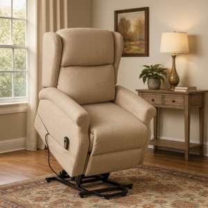 Vista ambientata Poltrona relax in Tessuto colore Beige elettrica alzaperosna imbottita con poggiapiedi modello Barcellona Totò Piccinni