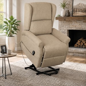 Vista ambientata Poltrona relax in Tessuto colore Beige elettrica alzaperosna imbottita con poggiapiedi modello Barcellona Totò Piccinni