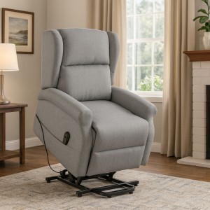 Vista ambientata Poltrona relax in Tessuto colore Grigio Chiaro elettrica alzaperosna imbottita con poggiapiedi modello Barcellona Totò Piccinni