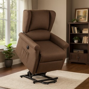 Vista ambientata Poltrona relax in Tessuto colore Marrone elettrica alzaperosna imbottita con poggiapiedi modello Barcellona Totò Piccinni