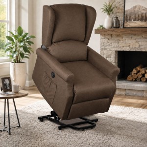 Vista ambientata Poltrona relax in Tessuto colore Marrone elettrica alzaperosna imbottita con poggiapiedi modello Barcellona Totò Piccinni