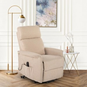 Vista ambientata poltrona elettrica doppio motore reclinabile e alzapersona con 2 porte USB in tessuto colore "beige" modello Giorgia Totò Piccinni