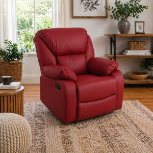 Vista ambientata di una robusta poltrona imbottita relax con schienale e poggiapiedi reclinabili in ecopelle Bordeaux Calipso Totò Piccinni