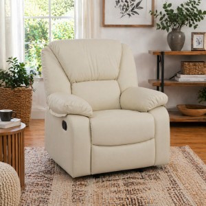 Vista ambientata di una robusta poltrona imbottita relax con schienale e poggiapiedi reclinabili in ecopelle Panna Calipso Totò Piccinni