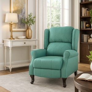 Vista ambientata Poltrona relax in Tessuto colore Petrolio modello Soft comfort con poggiapiedi Totò Piccinni