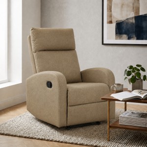 vista ambientata poltrona eureka reclinabile manualmente con poggiapiedi tessuto beige