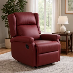 Vista ambientata Poltrona relax in Ecopelle colore Bordeaux manuale imbottita con poggiapiedi modello Barcellona Totò Piccinni