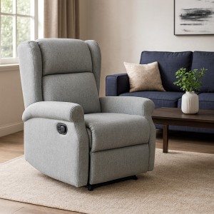 Vista ambientata Poltrona relax in Tessuto colore Grigio Chiaro manuale imbottita con poggiapiedi modello Barcellona Totò Piccinni