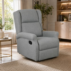 Vista ambientata Poltrona relax in Tessuto colore Grigio Chiaro manuale imbottita con poggiapiedi modello Barcellona Totò Piccinni