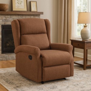 Vista ambientata Poltrona relax in Tessuto colore Marrone Chiaro manuale imbottita con poggiapiedi modello Barcellona Totò Piccinni