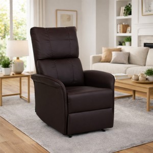 Vista ambientata Poltrona Relax in Ecopelle colore Marrone reclinabile manualmente con poggiapiedi modello Lagos Totò Piccinni