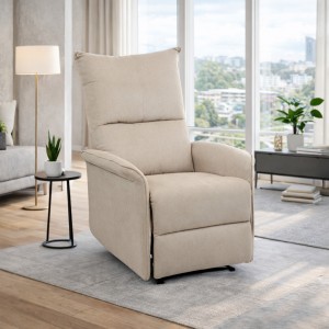 Vista ambientata Poltrona Relax reclinabile manuale con poggiapiedi tessuto beige modello Lisbona Totò Piccinni