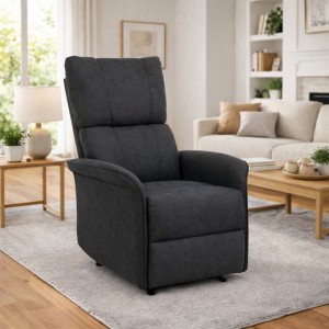 Vista ambientata Poltrona Relax in Tessuto colore Grigio Scuro reclinabile manualmente con poggiapiedi modello Lagos Totò Piccinni