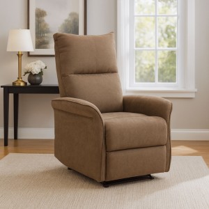 Vista ambientata Poltrona Relax reclinabile manuale con poggiapiedi tessuto marrone modello Lisbona Totò Piccinni