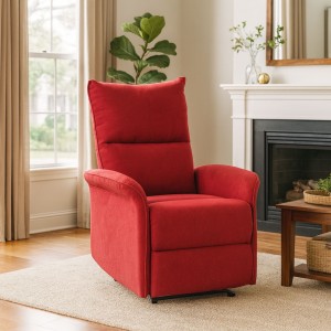 Vista ambientata Poltrona Relax reclinabile manuale con poggiapiedi tessuto rosso modello Lisbona Totò Piccinni