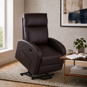 Vista ambientata Poltrona relax alzapersona in Ecopelle colore Testa di Moro con massaggio modello Eureka Totò Piccinni