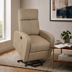 Vista ambientata Poltrona relax alzapersona in Tessuto colore Beige con massaggio modello Eureka Totò Piccinni