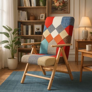 Vista ambientata Sedia a sdraio reclinabile in legno abete faggio e resistente cuscino imbottito 100% cotone facilmente ripiegabile Totò Piccinni