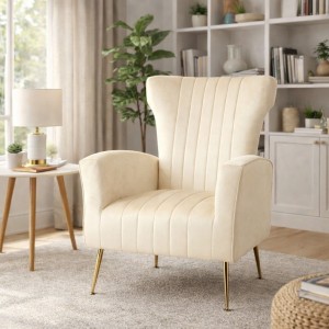 Vista ambientata Poltrona moderna in Velluto imbottita colore Beige con gambe in metallo modello Castle Totò Piccinni