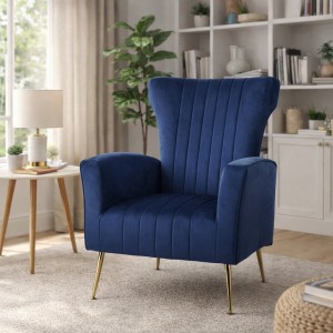 Vista ambientata Poltrona moderna in Velluto imbottita colore Blu con gambe in metallo modello Castle Totò Piccinni