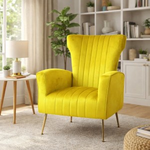 Vista ambientata Poltrona moderna in Velluto imbottita colore Giallo con gambe in metallo modello Castle Totò Piccinni