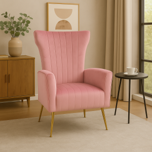 Poltrona CASTEL in Velluto imbottita con Gambe in Metallo finitura oro design Vintage (Rosa)