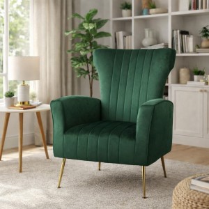 Vista ambientata Poltrona moderna in Velluto imbottita colore Verde con gambe in metallo modello Castle Totò Piccinni