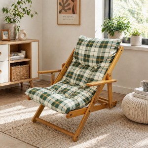 Vista ambientata poltrona sedia sdraio harmony relax in legno pieghevole con 3 posizioni verde scacchi Totò Piccinni