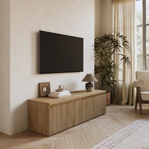 Vista ambientata Porta tv in legno con cassettone colore rovere cadiz cannettato 138x40h modello Modula Totò Piccinni
