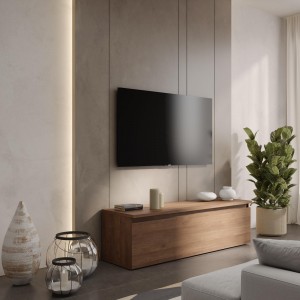 Vista ambientata Porta tv in legno con cassettone colore rovere mercure 138x40h modello Modula Totò Piccinni