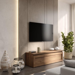 Vista ambientata Porta tv in legno con cassettone con cornice colore rovere mercure 138x40h modello Modula Totò Piccinni