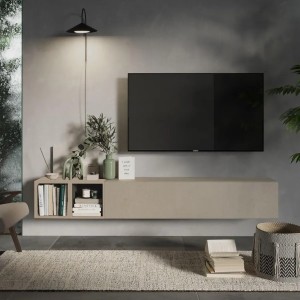 Vista ambientata Mobile porta tv sospeso con pensile a ribalta argilla e coppia di cubi argilla modello Modula Totò Piccinni