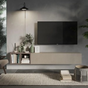 Vista ambientata Mobile porta tv sospeso con pensile a ribalta argilla e coppia di cubi bronzo modello Modula Totò Piccinni