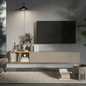 Vista ambientata Mobile porta tv sospeso con pensile a ribalta Argilla e coppia di cubi rovere cadiz modello Modula Totò Piccinni