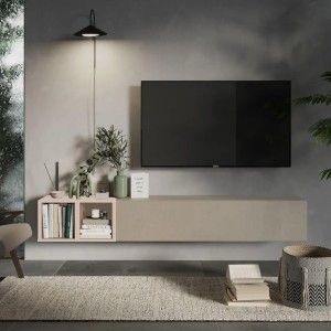 Vista ambientata Mobile porta tv sospeso con pensile a ribalta Argilla e coppia di cubi cashmere modello Modula Totò Piccinni