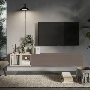Vista ambientata Mobile porta tv sospeso con pensile a ribalta Bronzo e coppia di cubi cashmere modello Modula Totò Piccinni
