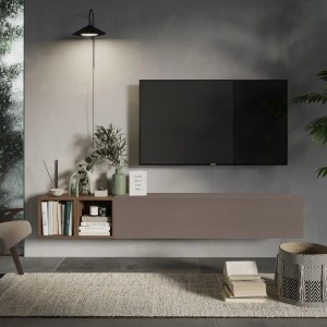 Vista ambientata Mobile porta tv sospeso con pensile a ribalta bronzo e coppia di cubi rovere mercure modello Modula Totò Piccinni