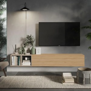 Vista ambientata Mobile porta tv sospeso con pensile a ribalta rovere cadiz e coppia di cubi argilla modello Modula Totò Piccinni